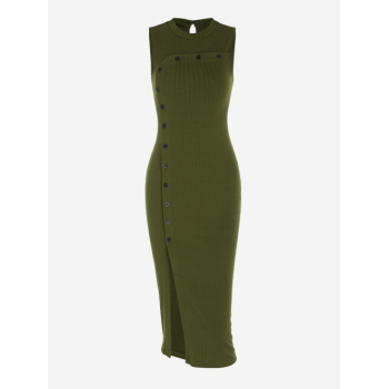 Mini Dress Button Front Ribbed Thigh Split Cut Out Back Slinky Midi Dress M Green