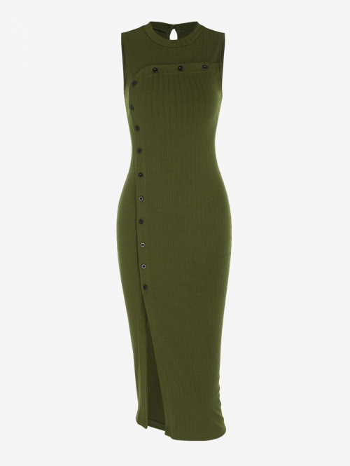 Mini Dress Button Front Ribbed Thigh Split Cut Out Back Slinky Midi Dress M Green