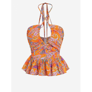 Women Tank Tops ZAFUL Ruched Criss Cross Halter Peplum Hem Ethnic Paisley Printed Tank Top L Dark orange