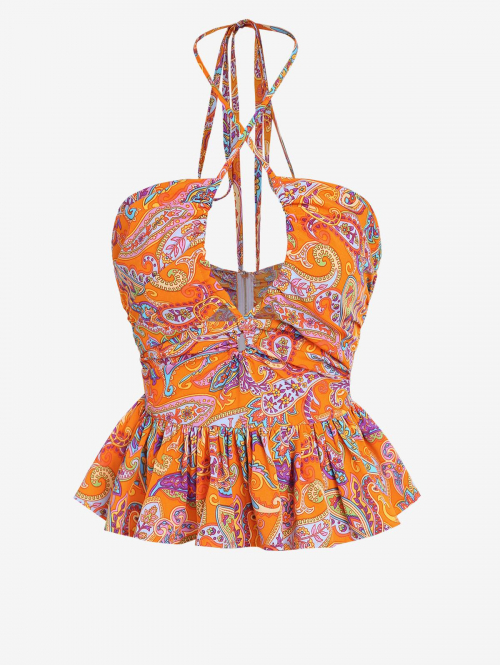 Women Tank Tops ZAFUL Ruched Criss Cross Halter Peplum Hem Ethnic Paisley Printed Tank Top L Dark orange