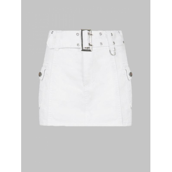 Double Grommet Belted Mini Denim Cargo Skirt M White