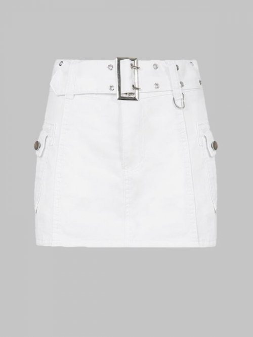 Double Grommet Belted Mini Denim Cargo Skirt M White