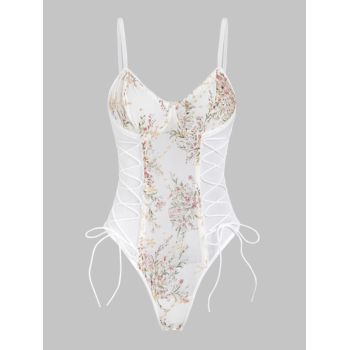 Women Bodysuits See Thru Lace Up Floral Print Eyelet Design Underwire Bodysuit L Light yellow