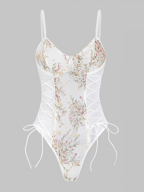 Women Bodysuits See Thru Lace Up Floral Print Eyelet Design Underwire Bodysuit L Light yellow