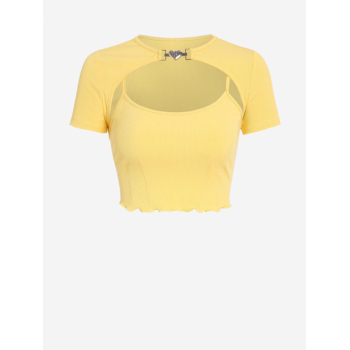 Fashion Women Tees ZAFUL Streetwear Ribbed Textured Heart Buckle Shrug With Lettuce Hem Crop Tank Top M Light yellow