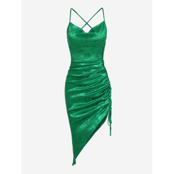 Mini Dress ZAFUL Floral Jacquard Satin Cinched Lace Up Asymmetric Vegas Dress L Deep green