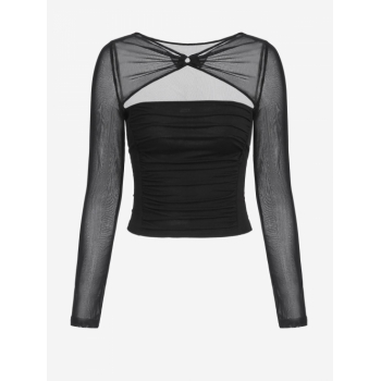 Fashion Women Tees ZAFUL See Thru Mesh Insert O Ring Cut Out Ruched Crop T Shirt L Black