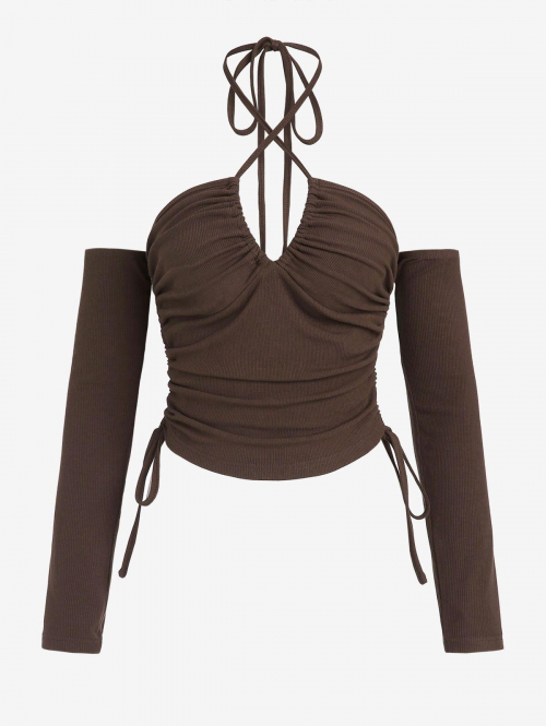 Fashion Women Tees ZAFUL Criss Cross Halter Ribbed Cinched Ruched Open Back Tee S Deep coffee