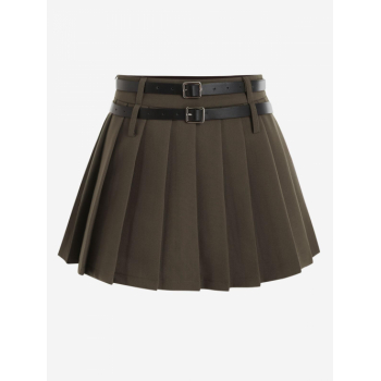 Solid Color Zip Front Belt Preppy Pleated Skirt L Coffee