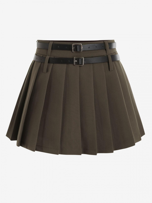 Solid Color Zip Front Belt Preppy Pleated Skirt L Coffee