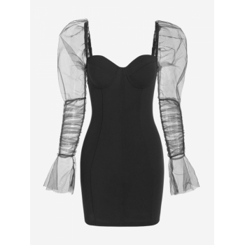 Mini Dress Sexy Multiway Padded Bustier Mesh Long Sleeves Spliced Mini Bodycon Dress L Black