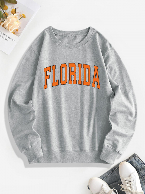 Women Hoodies Letter Florida Print Pullover Sweatshirt M Gray