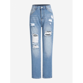 Ripped High Waisted Straight Jeans S Light blue