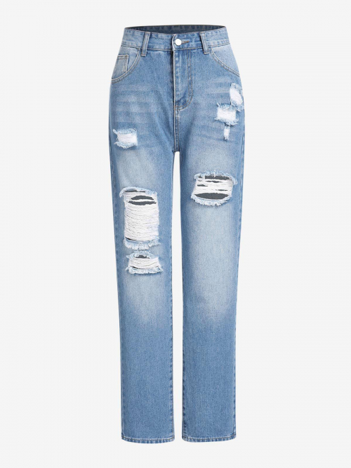 Ripped High Waisted Straight Jeans S Light blue