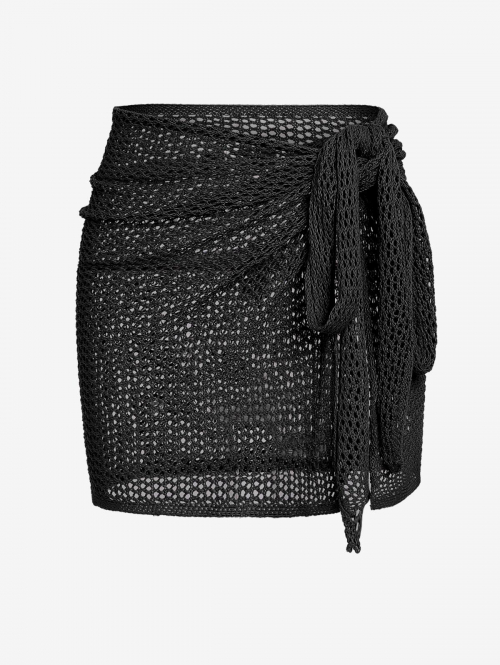 ZAFUL Women's Swimwear Beach Vacation Cover Up Bottoms Tie Sheer See Through Crochet Knit Sarong Style Mini Skirt L Black