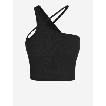 Women Tank Tops ZAFUL Ribbed Asymmetric Collar Crop Tank Top L Black