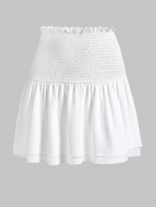 ZAFUL Smocked Ruffle High Waist Mini Layered Skirt S White