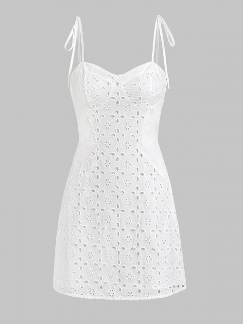 Mini Dress ZAFUL Eyelet Tie Shoulder Cupped Mini Dress L White