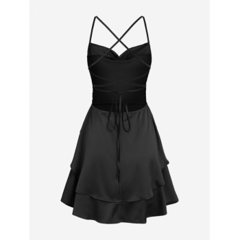 Mini Dress ZAFUL Silky Criss Cross Lace Up Backless Layered Slip Mini Dress L Black