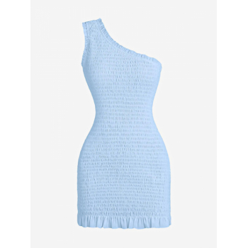 Mini Dress ZAFUL Smocked Ruffle One Shoulder Bodycon Dress L Light blue