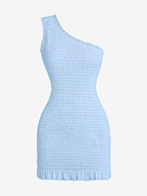 Mini Dress ZAFUL Smocked Ruffle One Shoulder Bodycon Dress L Light blue