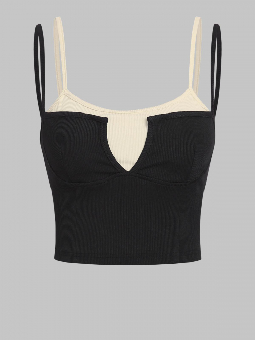 Women Tank Tops ZAFUL Ribbed Colorblock V Notched Twofer Camisole S Black