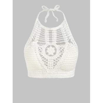 Women Tank Tops Openwork Crochet Backless Padded Beach Vacation Halter Crop Tank Top White