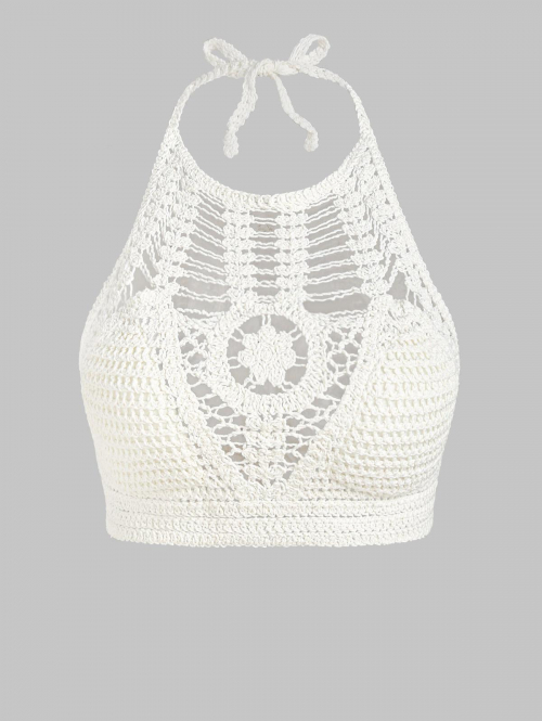 Women Tank Tops Openwork Crochet Backless Padded Beach Vacation Halter Crop Tank Top White