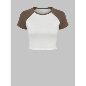 Fashion Women Tees Colorblock Raglan Sleeve Crop Baby Baseball Tee M Coffee