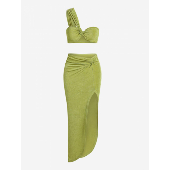 ZAFUL Matching Twist One Shoulder Jersey Top and Thigh High Split Skirt Set M Light green