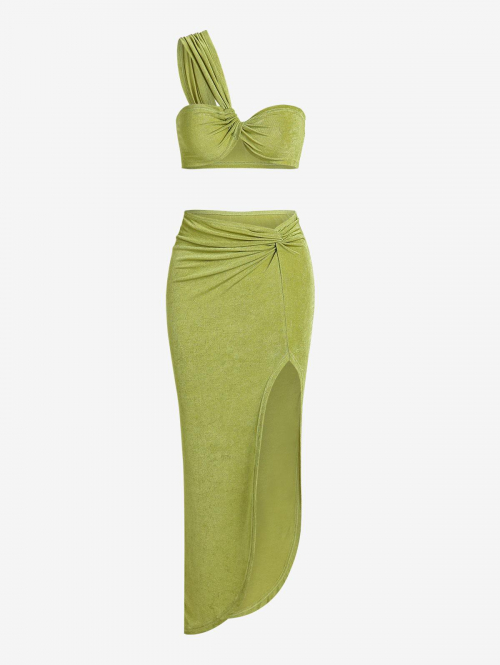 ZAFUL Matching Twist One Shoulder Jersey Top and Thigh High Split Skirt Set M Light green