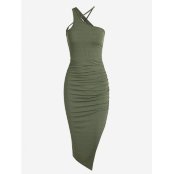 Mini Dress ZAFUL Ribbed Asymmetric Collar Thigh Split Midi Dress L Green