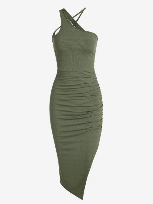 Mini Dress ZAFUL Ribbed Asymmetric Collar Thigh Split Midi Dress L Green