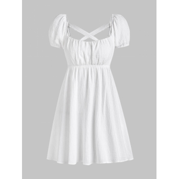 Mini Dress ZAFUL Puff Sleeve Wrinkle Textured Criss Cross Tie Open Back Milkmaid  Dress S White