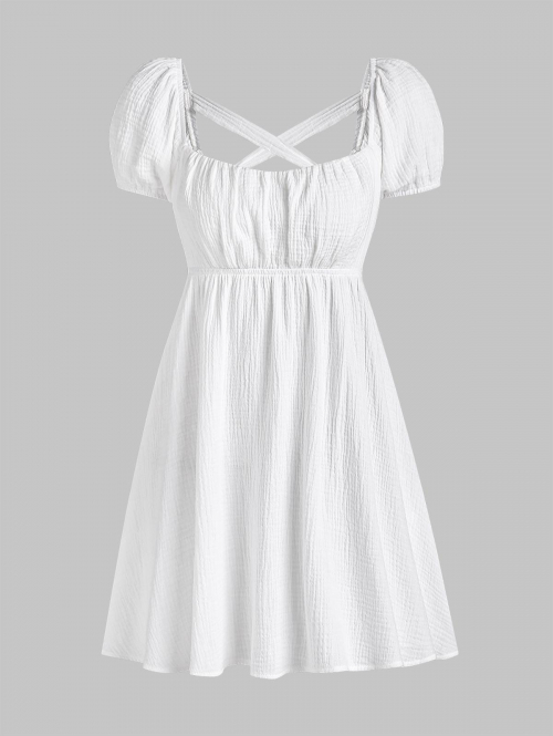 Mini Dress ZAFUL Puff Sleeve Wrinkle Textured Criss Cross Tie Open Back Milkmaid  Dress S White