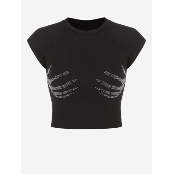 Fashion Women Tees Rhinestones Embellished Trompe l'oeil Skeleton Halloween Baby Tee M Black