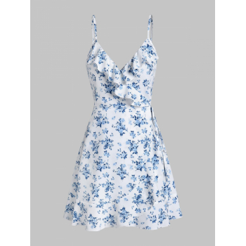 Mini Dress ZAFUL Ditsy Floral Ruffles Cami Wrap Mini Dress L Blue