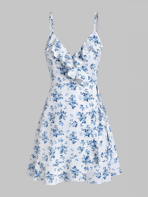 Mini Dress ZAFUL Ditsy Floral Ruffles Cami Wrap Mini Dress L Blue