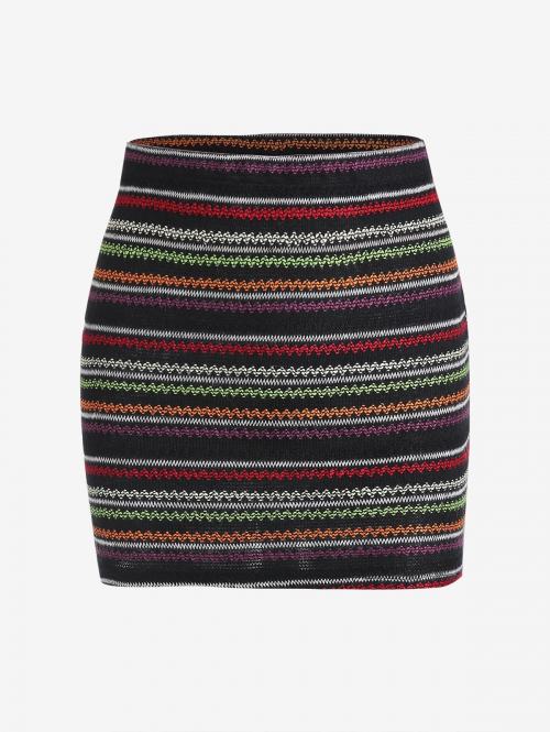 ZAFUL Rainbow Zig Zag Knitted Mini Bodycon Skirt L Black