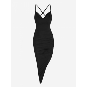 Mini Dress Criss Cross Lace Up Backless Ruched Draped Asymmetrical Hem Midi Vegas Dress L Black