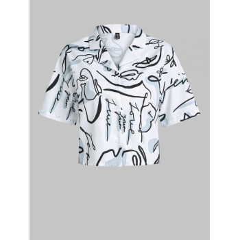 ZAFUL Lapel Button Up Abstract Printed Shirt M White