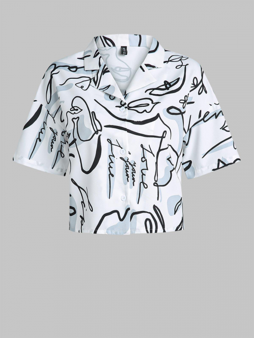 ZAFUL Lapel Button Up Abstract Printed Shirt M White