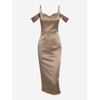 Mini Dress ZAFUL Satin Draped Cold Shoulder Cowl Front Midi Pencil Dress L Light coffee