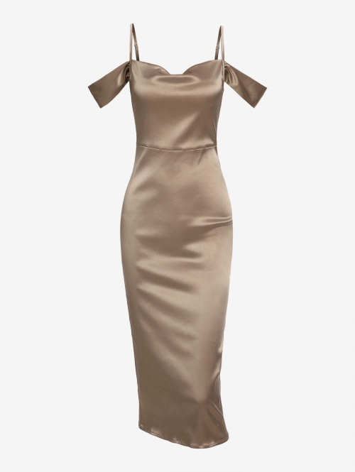 Mini Dress ZAFUL Satin Draped Cold Shoulder Cowl Front Midi Pencil Dress L Light coffee