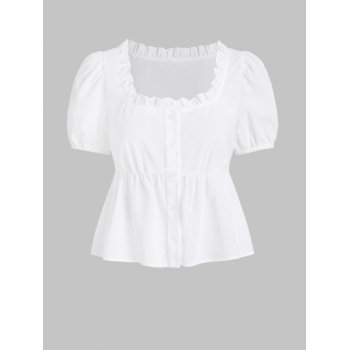 Women Blouses ZAFUL Frilled Button Front Puff Sleeve Peplum Milkmaid Blouse S White