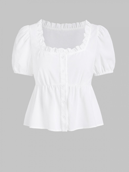 Women Blouses ZAFUL Frilled Button Front Puff Sleeve Peplum Milkmaid Blouse S White