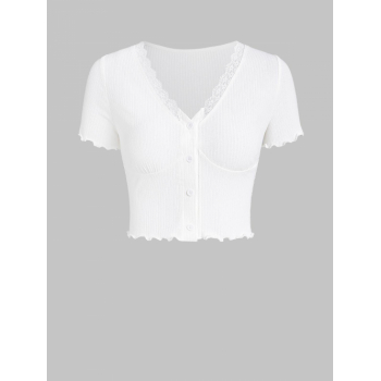 Fashion Women Tees ZAFUL Scalloped Lace Trim Button Front Ribbed Cropped Tee L White