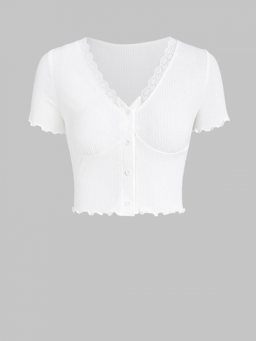 Fashion Women Tees ZAFUL Scalloped Lace Trim Button Front Ribbed Cropped Tee L White