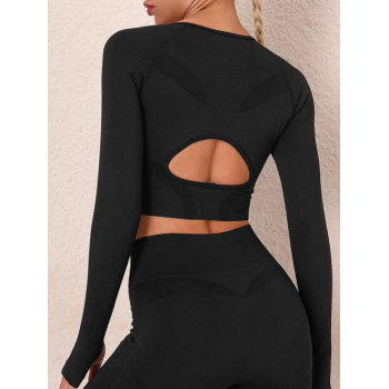 Women Sporty Tees Cutout Back Sports Yoga Long Sleeve Tee with Thumb Hole S Black