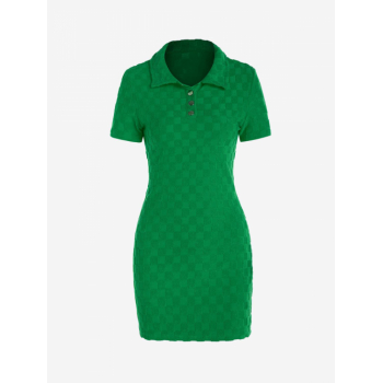 Mini Dress Checkerboard Terry Cloth Textured Collared Dress M Green